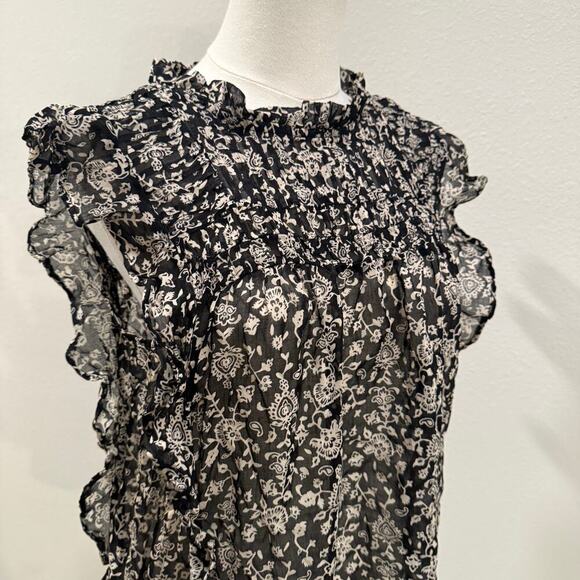 Beachlunchlounge Ruffle Sleeveless Blouse Black White Floral Women S Boho Chic - Picture 3 of 8